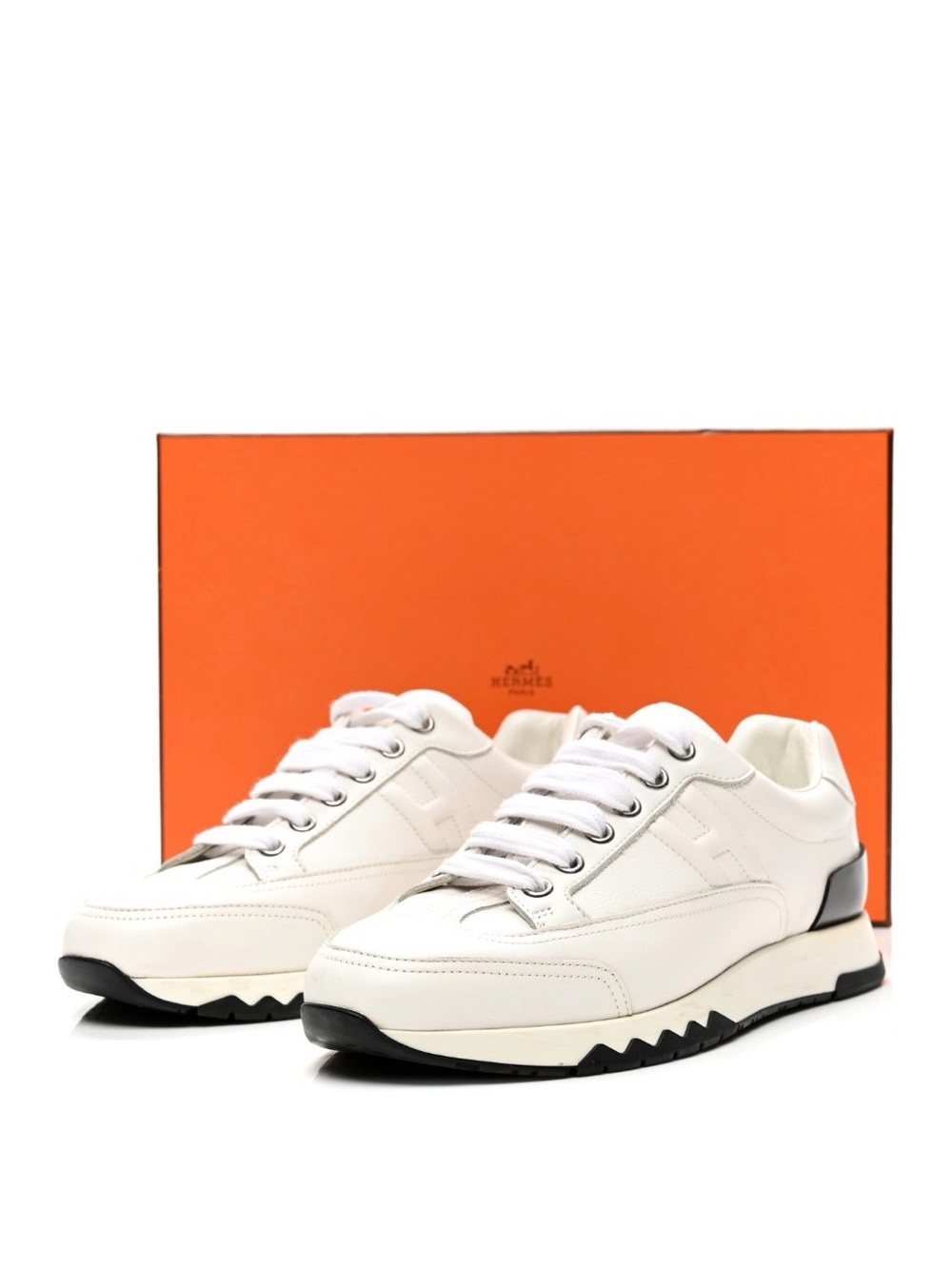 HERMES Calfskin Womens Trail Sneakers 36.5 White EUC Clean with Hermes Box